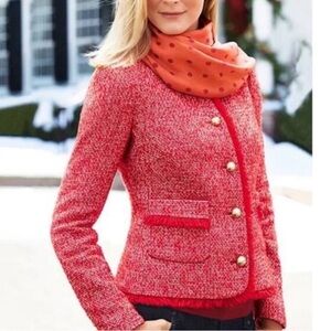 Talbots Red Tweed Fringe Trim Lady Jacket Blazer Size 8